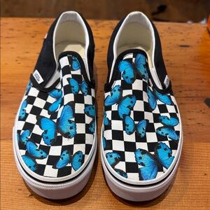 Vans women’s Slip-On Sneakers - Black and Blue Butterfly